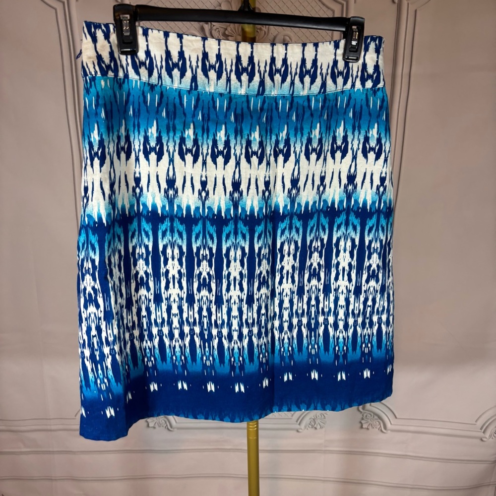 Cato Linen Blend Skirt Womens Size 14 Blue White Abstract Knee Length Lined